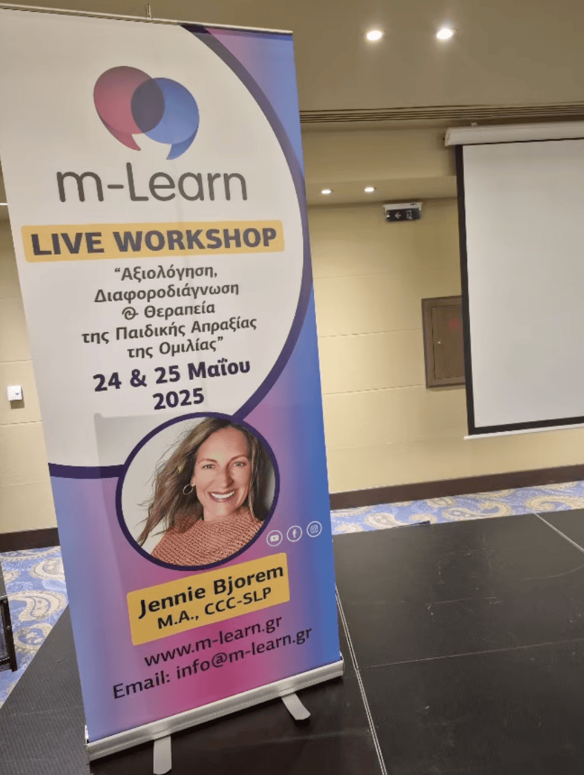 m-Learn Live Workshop banner, May 2025, Jennie Bjorem, speech therapy.