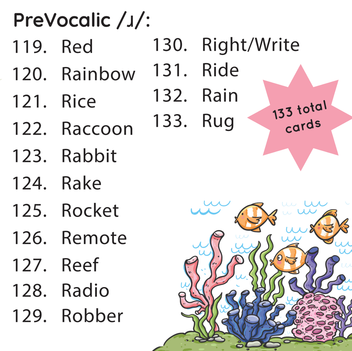 Prevocalic R target word list with 133 total cards