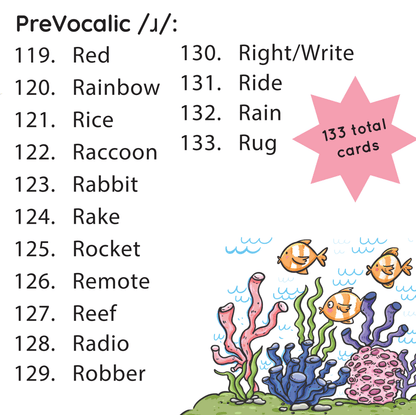 Prevocalic R target word list with 133 total cards