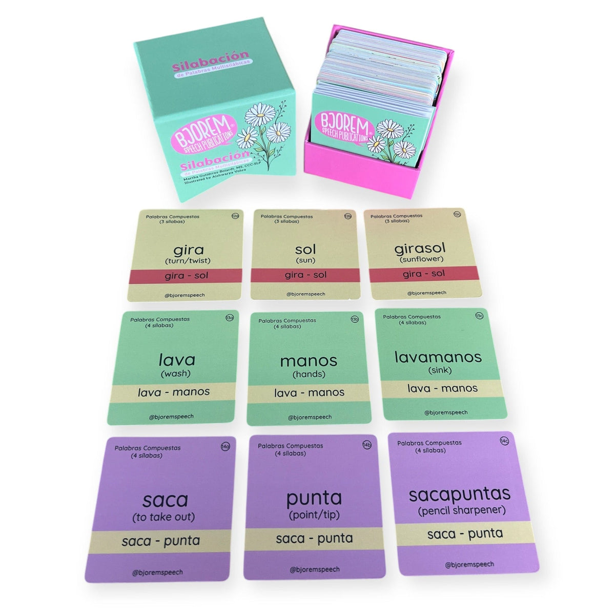 Open Spanish multisyllabic words box with the backs of the cards