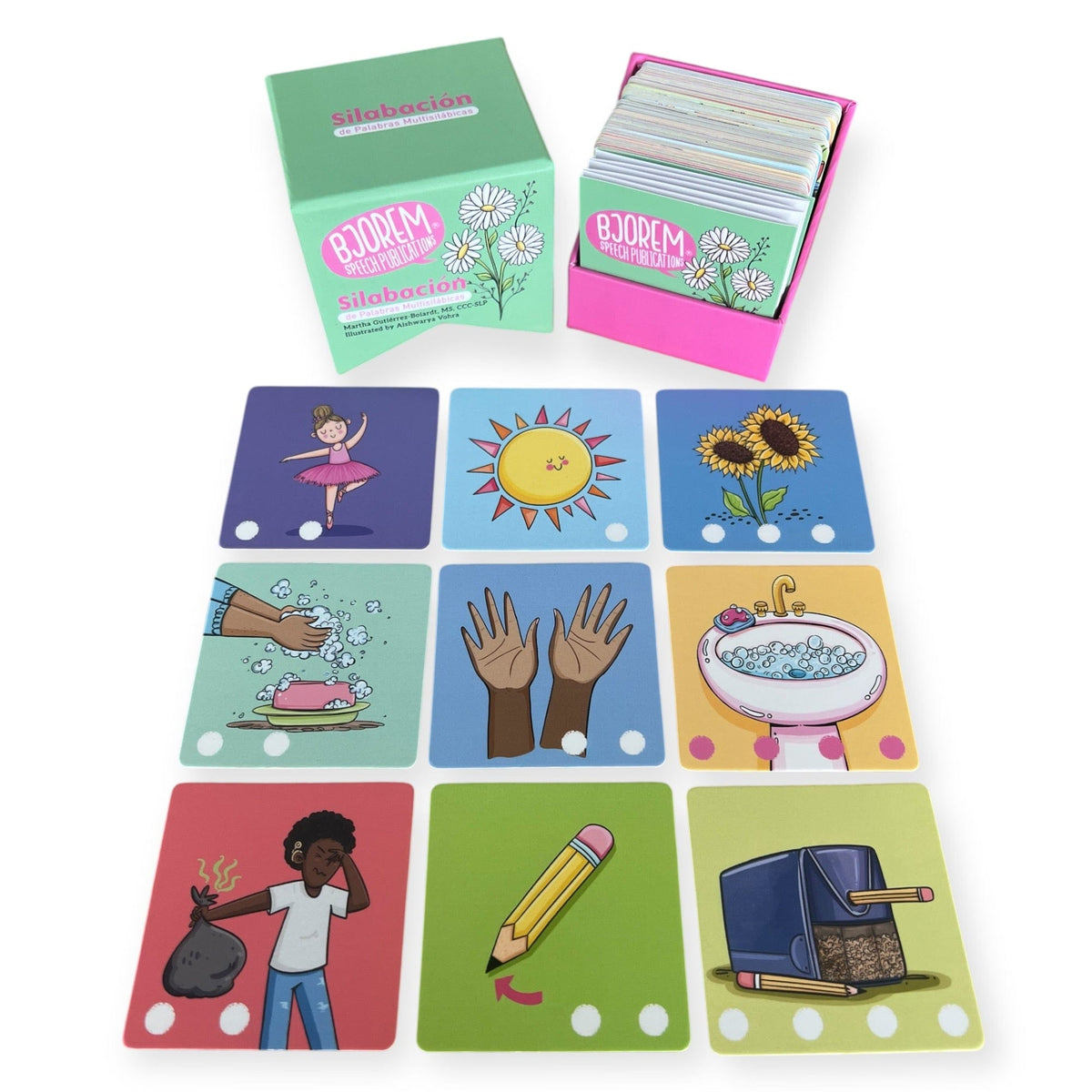 Open Spanish multisyllabic words box with picture cards