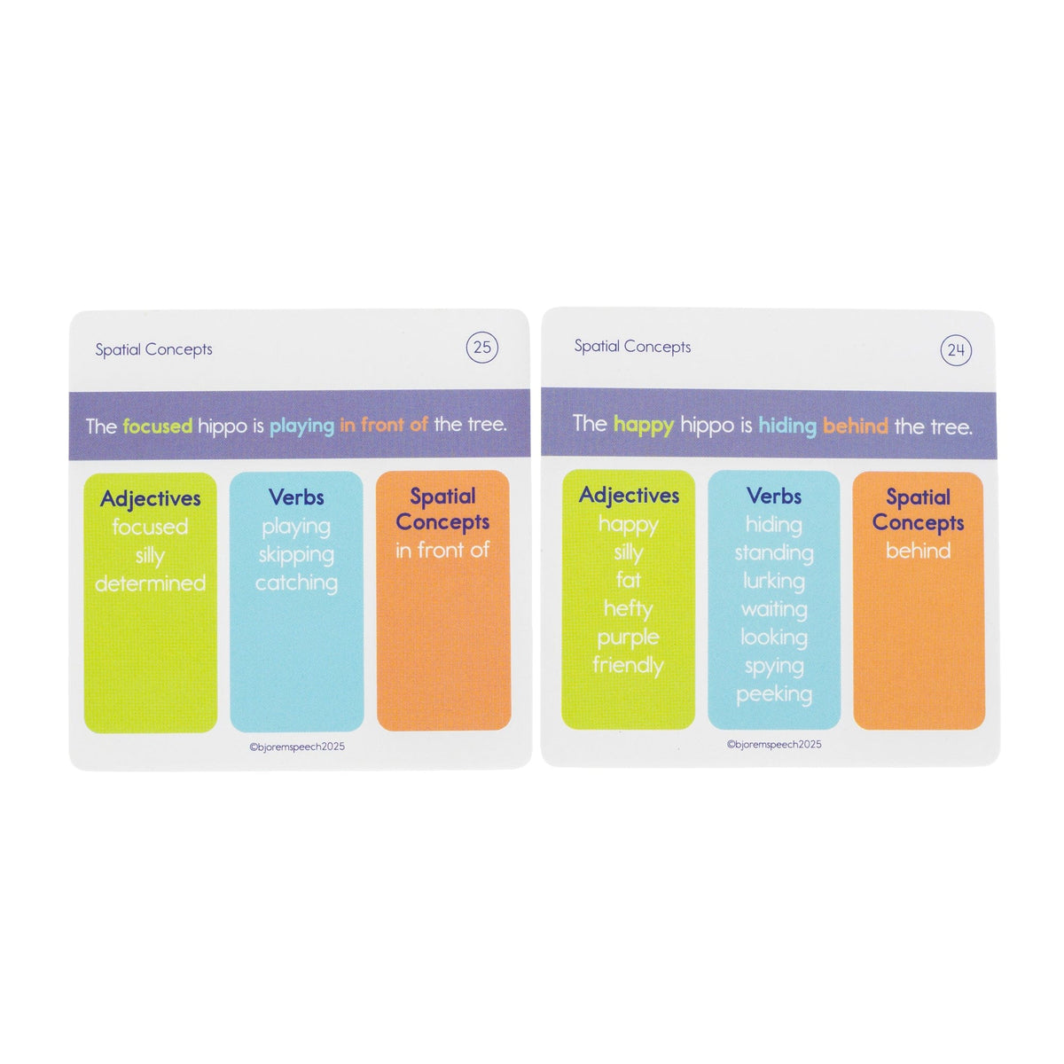 Backs of Spatial Concepts cards with adjectives, verbs and spatial concepts