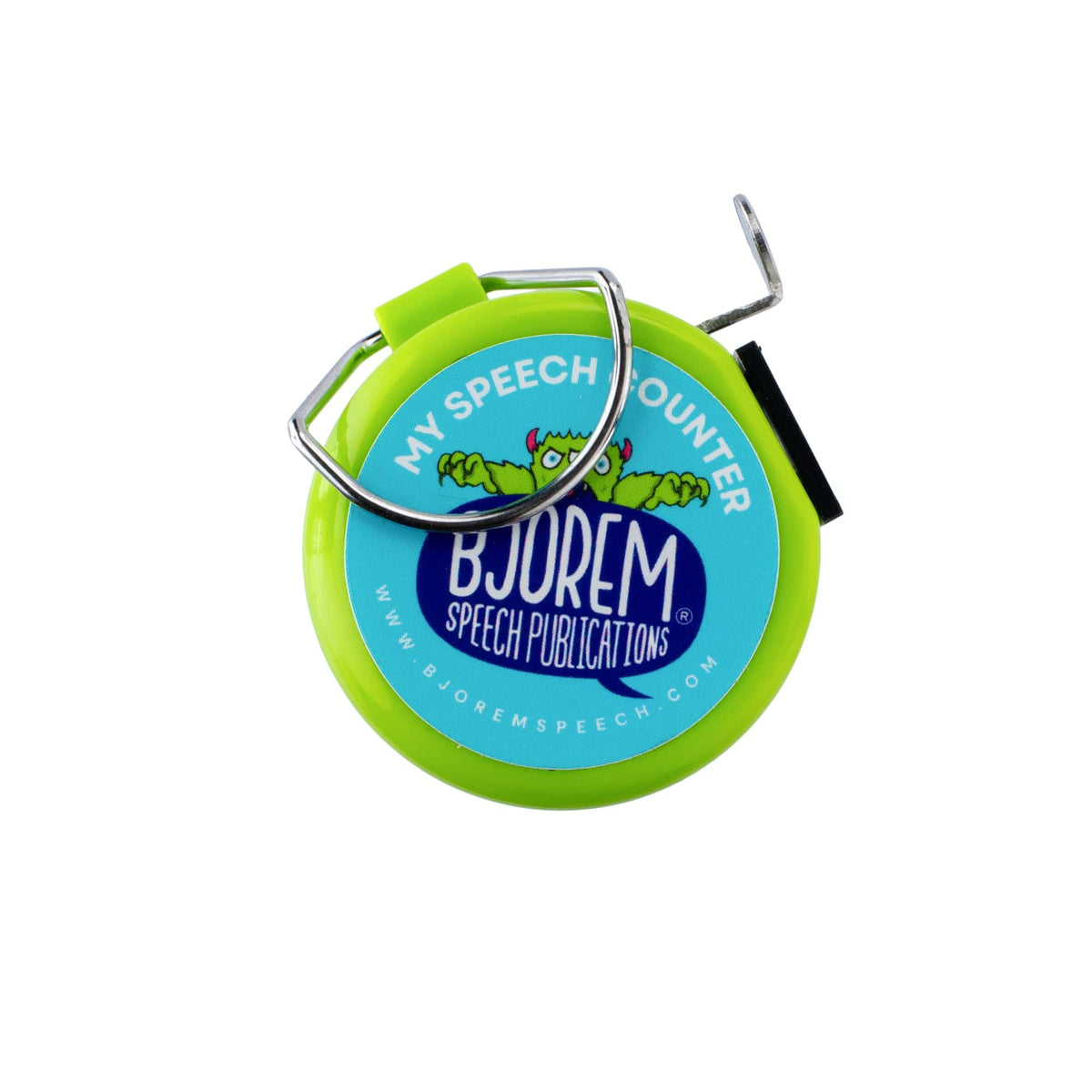 Green speech counter clicker with the Bjorem logo