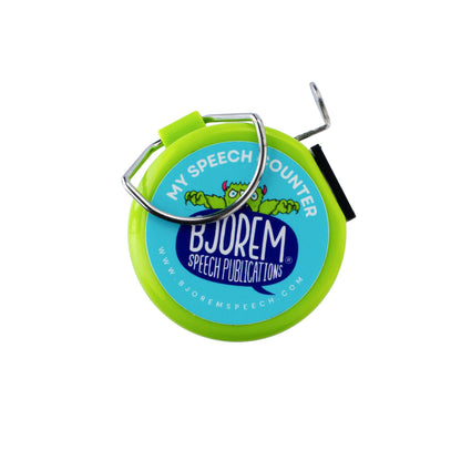 Green speech counter clicker with the Bjorem logo