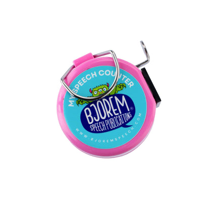 Pink speech counter clicker with the Bjorem logo