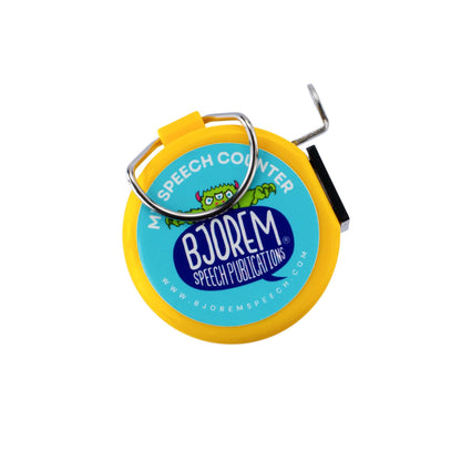 Yellow speech counter clicker with the Bjorem logo