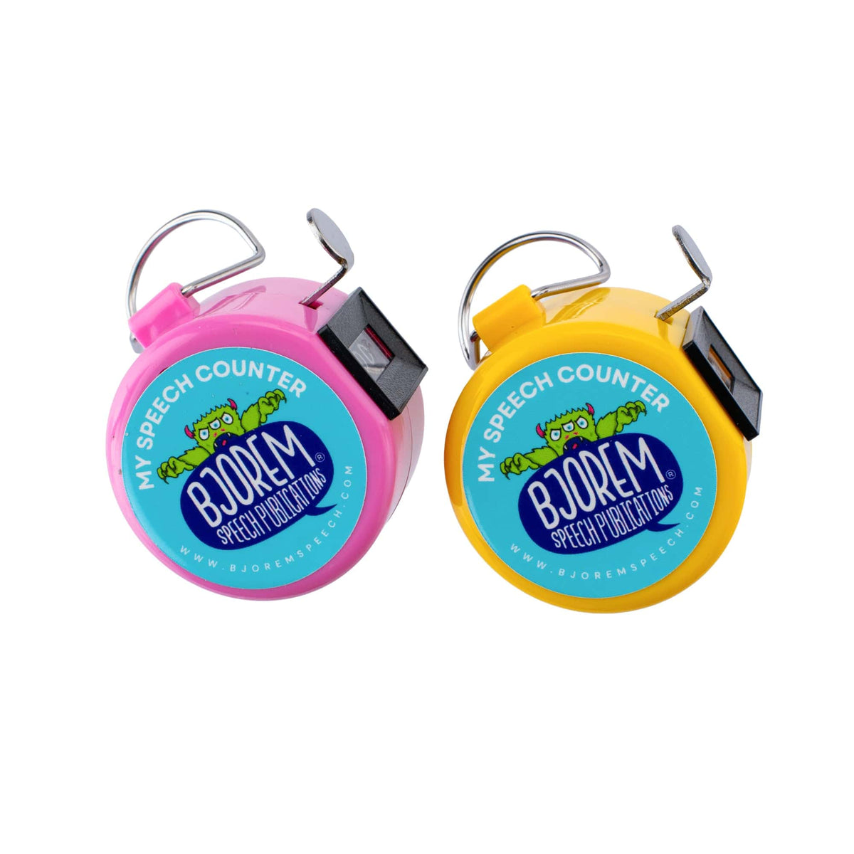 Pink and yellow speech counter clickers