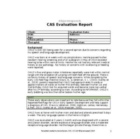 Bjorem Speech® Apraxia Evaluation Report Template - CAS Assessment