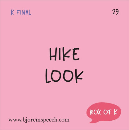 Back of the Box of K card with the words hike and look